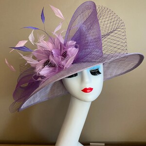 Light Purple/Lavender/Mauve Kentucky Derby Hat W Netting Bow & Shades purple Feather Flowers. Mother Day Race Wedding Hat image 7