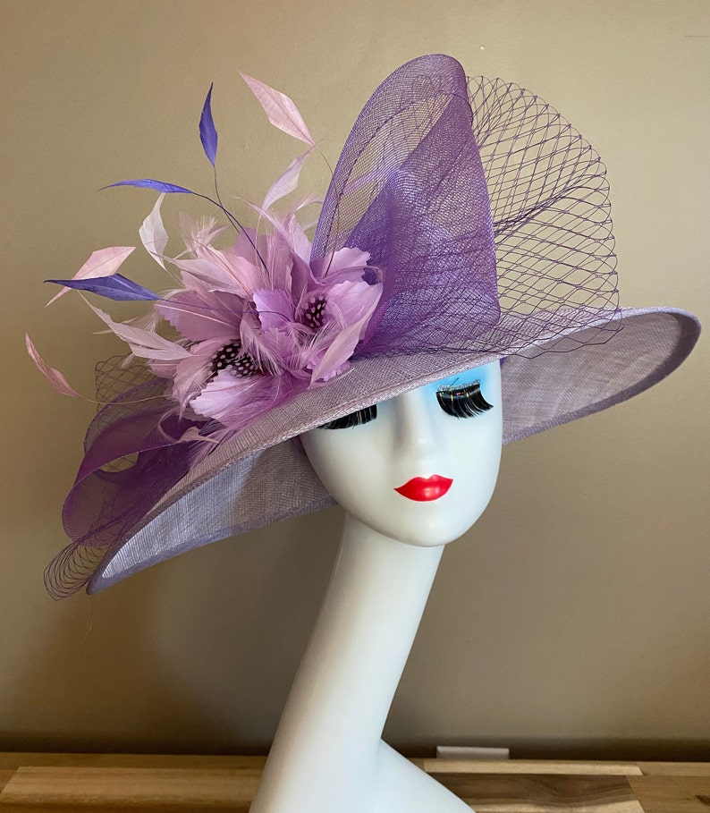 Light Purple/Lavender/Mauve Kentucky Derby Hat W Netting Bow & Shades purple Feather Flowers. Mother Day Race Wedding Hat image 7
