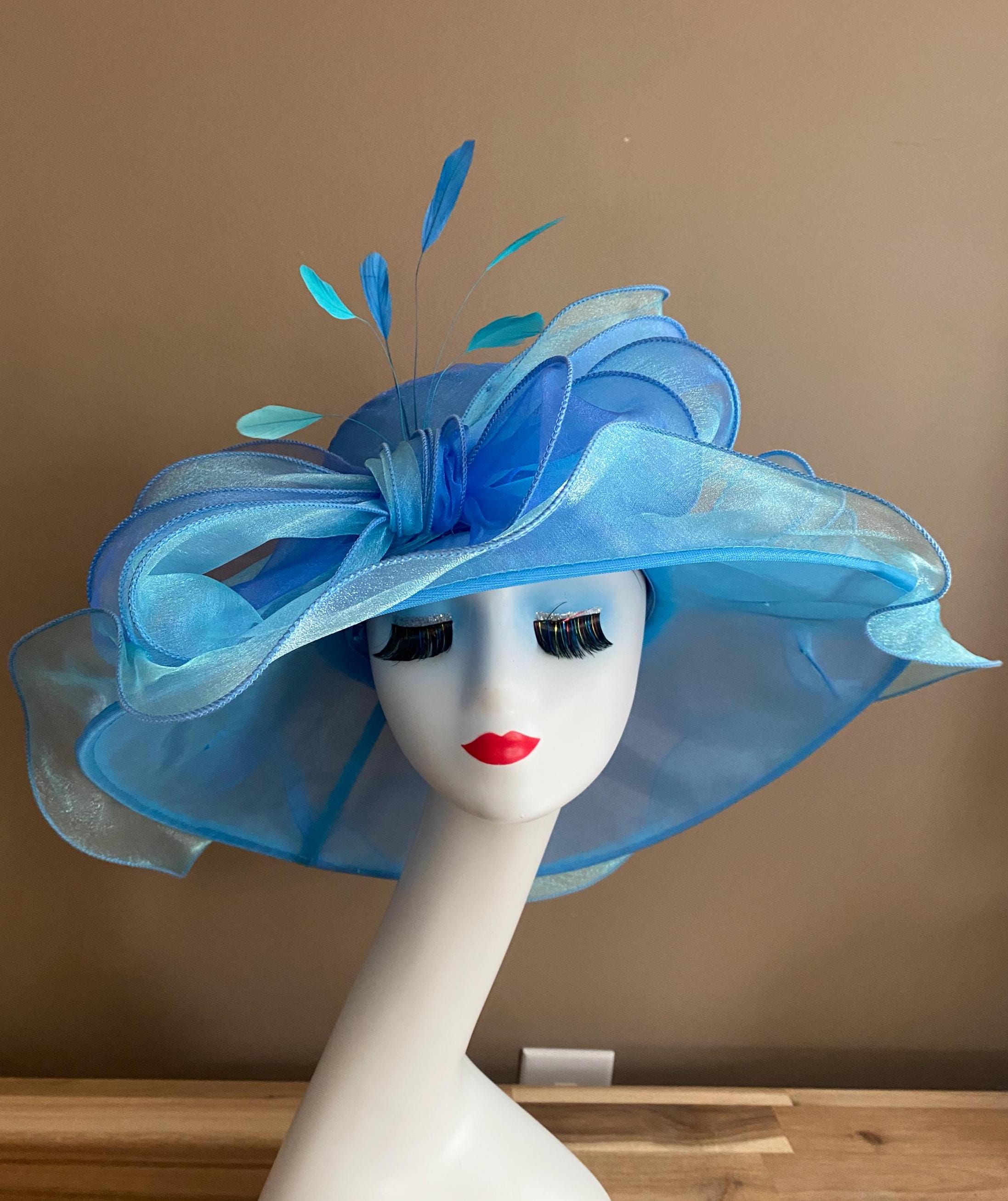 Derby Hats for Women, Classy Organza Sun Hat, Blue SALE Blue Organza Kentucky Derby Hat: Wide Brim Wedding Tea  main image 2