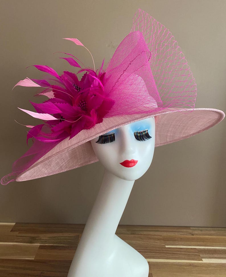 May include: A pink and fuchsia hat with a large brim and a feather accent. The hat is made of a delicate fabric and has a net overlay.