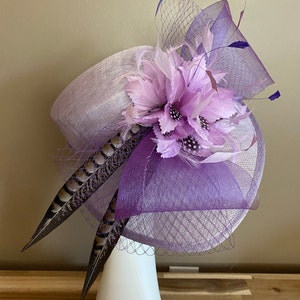 Light Purple/Lavender/Mauve Kentucky Derby Hat W Netting Bow & Shades purple Feather Flowers. Mother Day Race Wedding Hat image 5