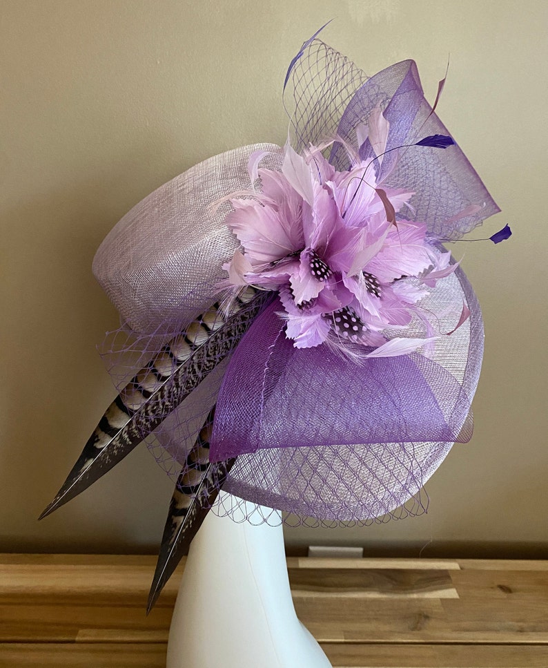 Light Purple/Lavender/Mauve Kentucky Derby Hat W Netting Bow & Shades purple Feather Flowers. Mother Day Race Wedding Hat image 5
