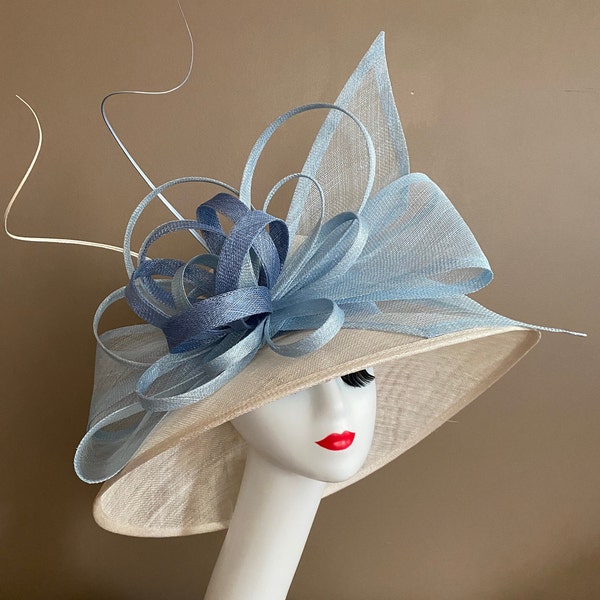 Ready to ship: Ivory White/Blue Wide Brim Church Carriage Kentucky Derby Hat W Powder Blue Bow & Shades Blue Sinamay Flower. Mother Day Hat