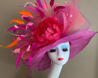 Fuchsia Sinamay Derby Hat: Jumbo Silk Flower Wide Brim - Etsy display picture 3
