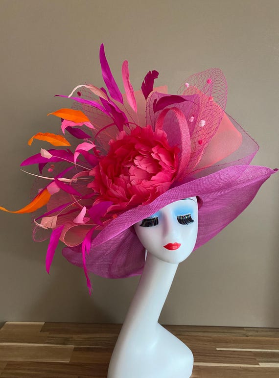 Fuchsia Floral Feather Wide-Brim Women’s Hat Fuchsia Pink Feather Flower Wide Brim Kentucky Derby Hat  main image 2