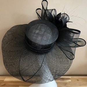 Black Wide Brim Church Carriage Kentucky Derby Hat W Large Black Netting/Sinamay Bow & Feather Flower Mother Day Easter Race Wedding Tea Hat image 5