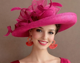 May include: A vibrant fuchsia hat with a wide brim and decorative accents, including feathers and sheer fabric. The hat is paired with matching fuchsia earrings with orange fringe. The woman is wearing a fuchsia dress.