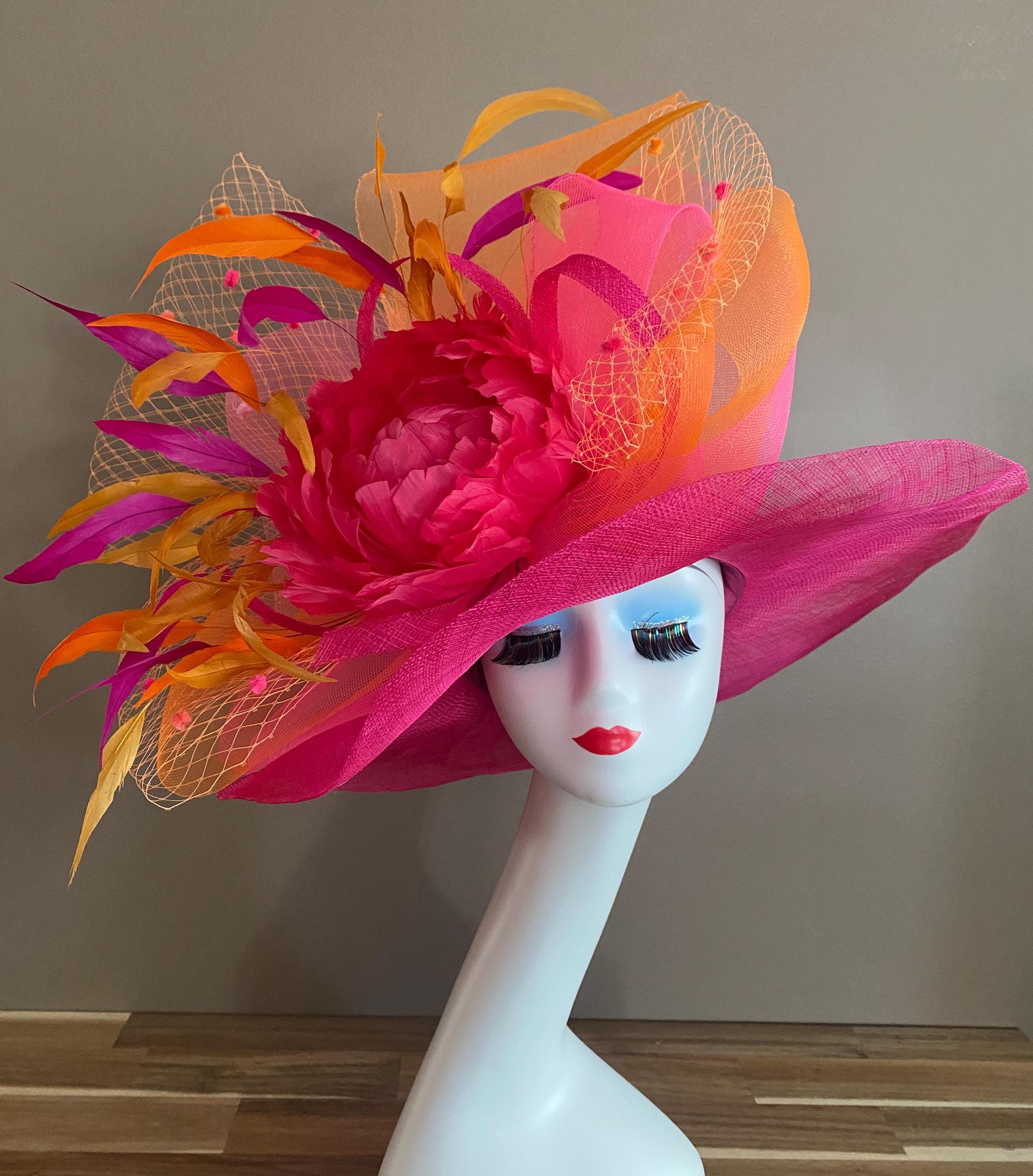 Hot Pink Kentucky Derby Hat: Wide Brim Sinamay, Feather 