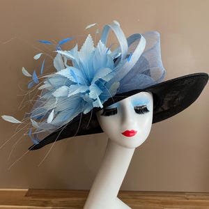 Black Sinamay Kentucky Derby Hat: Blue Feather Flower Bow
