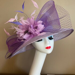 Light Purple/Lavender/Mauve Kentucky Derby Hat W Netting Bow & Shades purple Feather Flowers. Mother Day Race Wedding Hat image 3