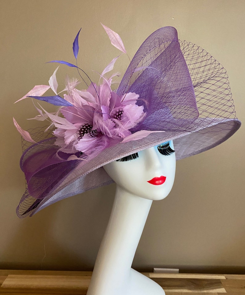 Light Purple/Lavender/Mauve Kentucky Derby Hat W Netting Bow & Shades purple Feather Flowers. Mother Day Race Wedding Hat image 3