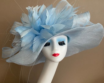 Powder Blue Wide Brim Carriage Church Kentucky Derby Hat W Sinamay Bow & Light Blue Feather Flowers. Mother Day Easter Race Wedding Tea Hat