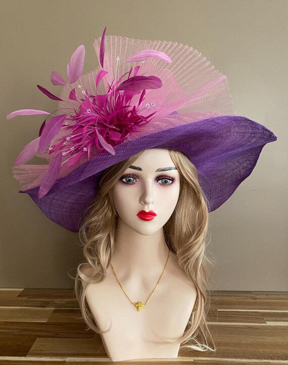 Purple Pink Flower Feather Wide Kentucky Derby Hat Purple Feather Flower Wide Brim Royal Kentucky Derby Hat Tea  main image 3