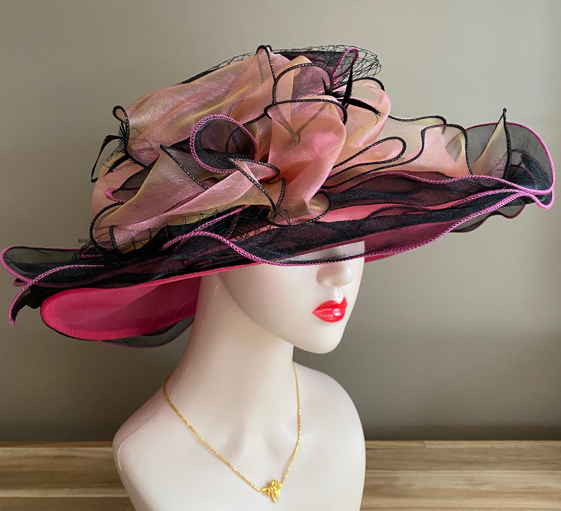 Pink & Black Organza Kentucky Derby Hat: Ascot Tea Party 