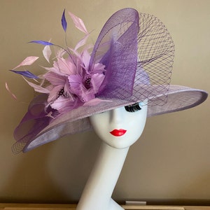 Light Purple/Lavender/Mauve Kentucky Derby Hat W Netting Bow & Shades purple Feather Flowers. Mother Day Race Wedding Hat image 2