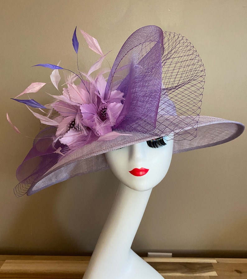 Light Purple/Lavender/Mauve Kentucky Derby Hat W Netting Bow & Shades purple Feather Flowers. Mother Day Race Wedding Hat image 2