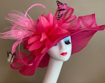 Fuchsia Hot Pink Wide Brim Church Carriage Kentucky Derby Hat W Sinamay Bow & Shades Pink Feather Flowers. Mother Day Easter Wedding Tea Hat