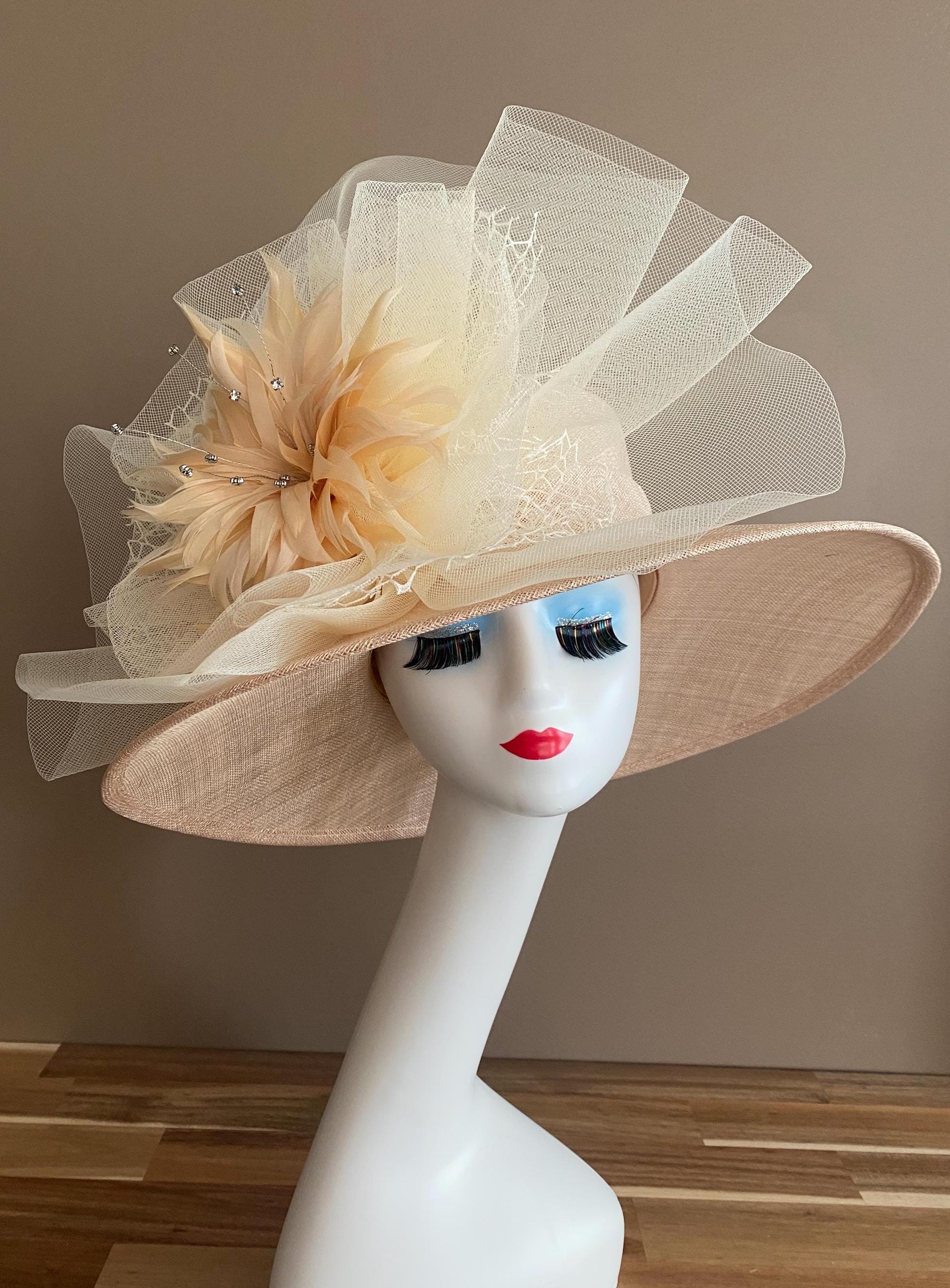 Wide Brim Sinamay Derby Hat(g5): Pale Gold Feather Flower  display picture 3