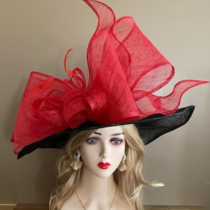 Wide Brim Kentucky Derby Hat: Black/Red Sinamay Bow & Feathers