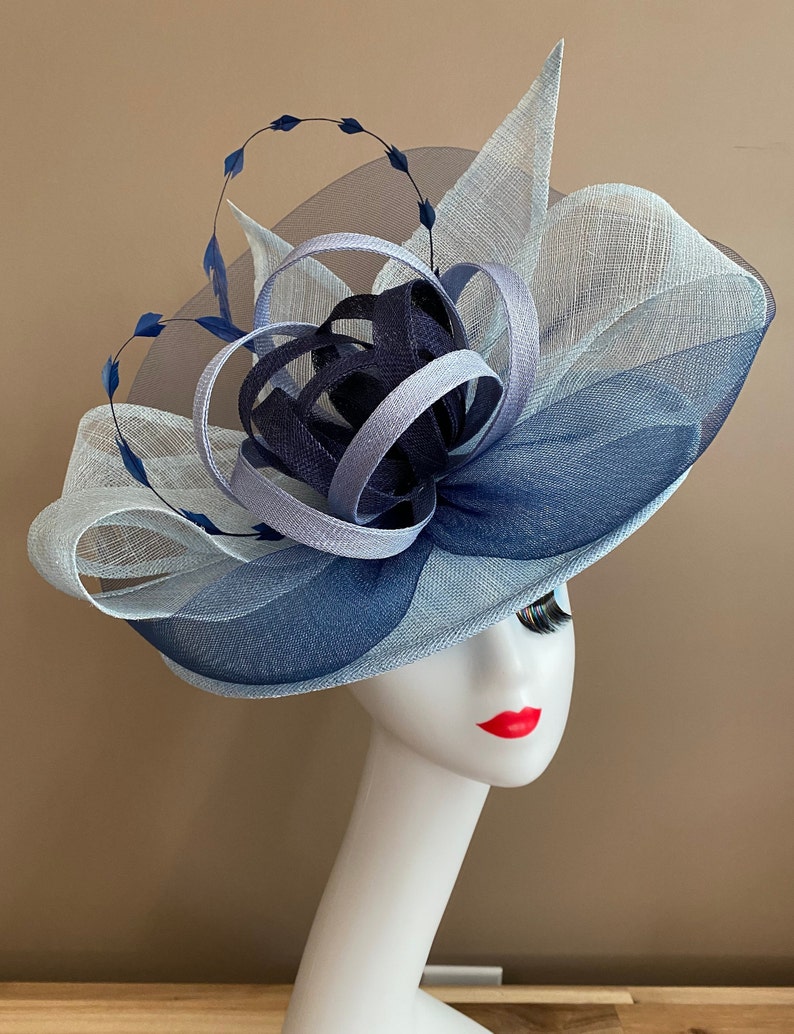 Powder Blue Carriage Church Fascinator with Light/Dark Blue Bow and Sinamay Flower. Kentucky Derby Hat. Wedding Easter Tea Race Ascot Hat image 1