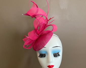 Hot Pink Sinamay Church Carriage Kentucky Derby Fascinator with Stunning Bow.  Mother&#39;s Day Easter Wedding Tea Race Hat