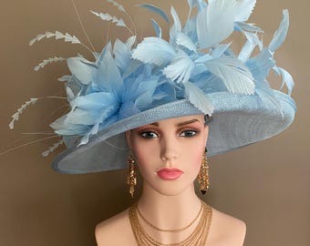 Powder Blue Sinamay Derby Hat (G): Feather Flower, Wide Brim