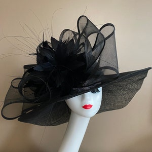 Black Wide Brim Church Carriage Kentucky Derby Hat W Large Black Netting/Sinamay Bow & Feather Flower Mother Day Easter Race Wedding Tea Hat image 1