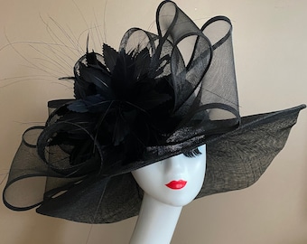 Black Wide Brim Church Carriage Kentucky Derby Hat W Large Black Netting/Sinamay Bow & Feather Flower Mother Day Easter Race Wedding Tea Hat