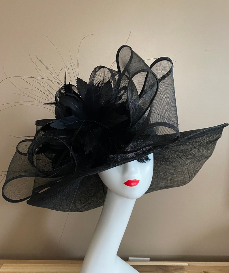 Black Wide Brim Church Carriage Kentucky Derby Hat W Large Black Netting/Sinamay Bow & Feather Flower Mother Day Easter Race Wedding Tea Hat image 1