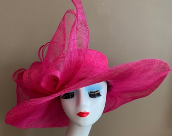 Fuchsia Hot Pink Wide Brim Church Carriage Kentucky Derby Hat W Large Sinamay Bow. Fuchsia Hot Pink Mother Day Easter Wedding Tea Hat
