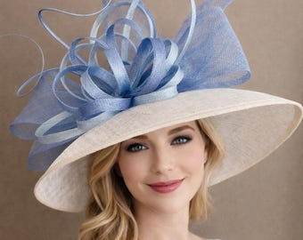 Ivory Wide Brim Sinamay Derby Hat with Blue Bow(m3)