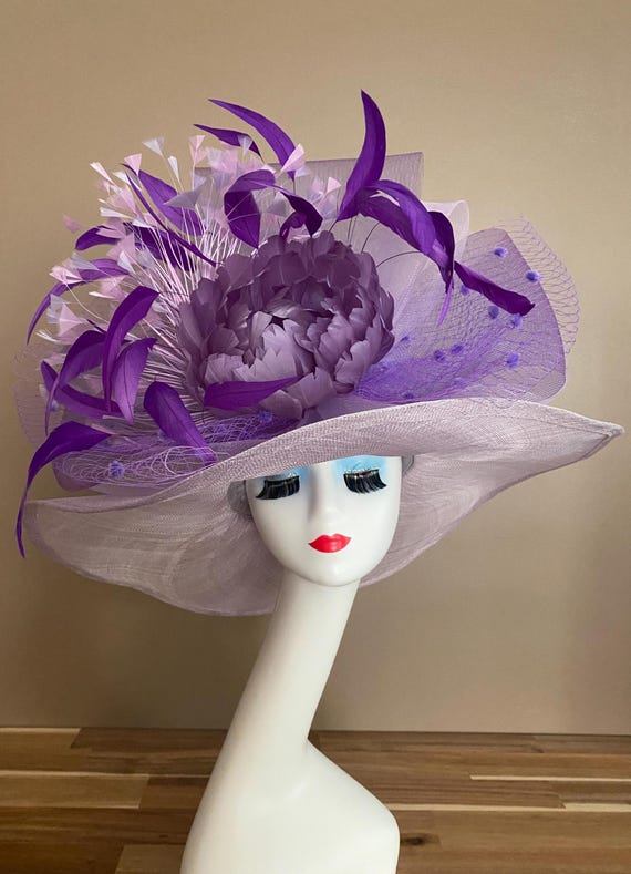 Lavender Wide-Brim Sinamay Hat w Lilac Feather Accent Flower Kentucky Derby Hat Wide Brim Sinamay Derby Hat: Lavender Lilac Feather Flower  main image 2