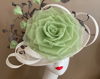 White/Light Green Sinamay Fascinator with Large Real Silk Rose. Kentucky Derby Hat. Easter Hat. Wedding Hat. Tea Hat. Race Hat. Ascot Hat