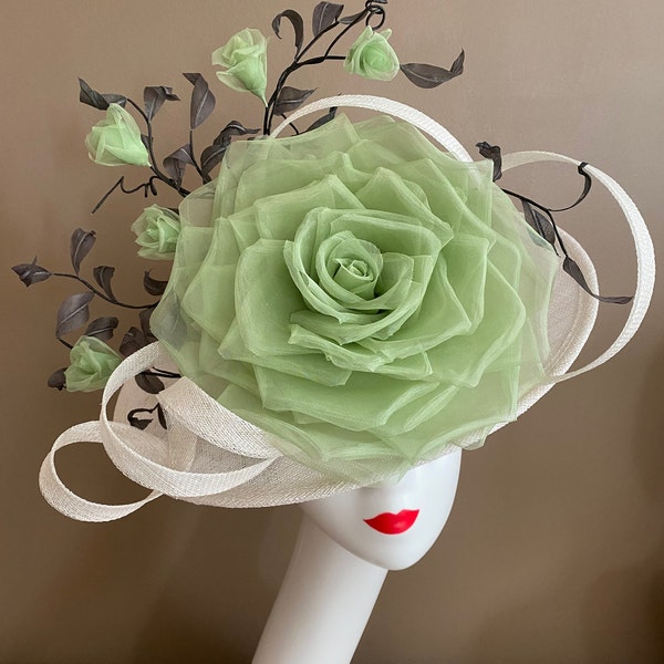 White/Light Green Sinamay Fascinator with Large Real Silk Rose. Kentucky Derby Hat. Easter Hat. Wedding Hat. Tea Hat. Race Hat. Ascot Hat