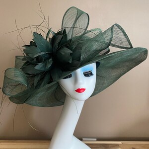 Emerald/Dark Green Wide Brim Church Carriage Kentucky Derby Hat with Green Sinamay Bow and Feather Flower. Easter Race Wedding Tea Ascot Hat image 2