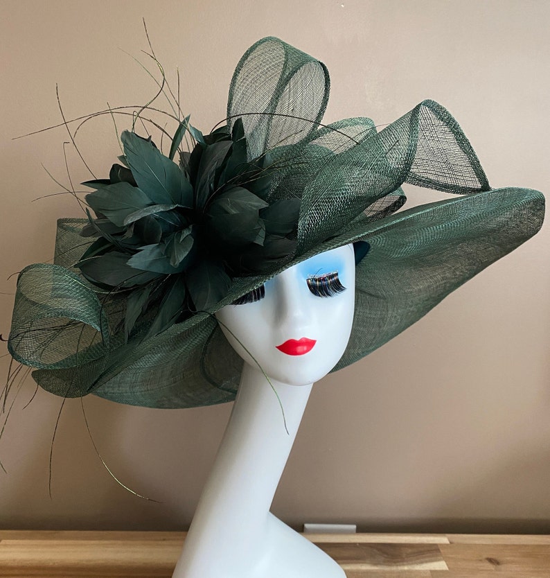 Emerald/Dark Green Wide Brim Church Carriage Kentucky Derby Hat with Green Sinamay Bow and Feather Flower. Easter Race Wedding Tea Ascot Hat image 2