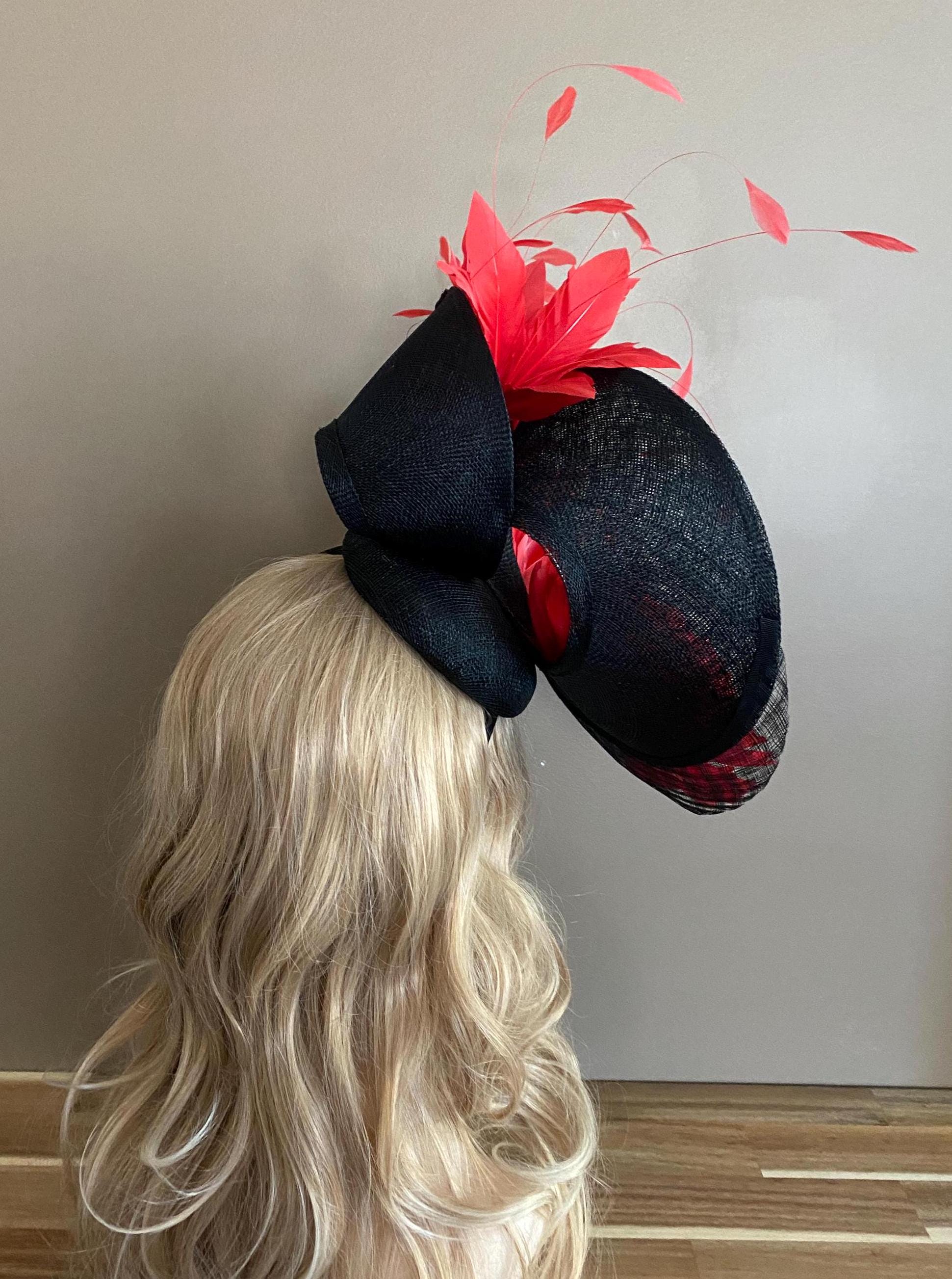Red Feather Bloom Fascinator – Black Crimson Striped Sinamay KY Derby Headpiece Red Sinamay Fascinator Hat, Feather Flower, Jumbo Netting - Etsy main image 4