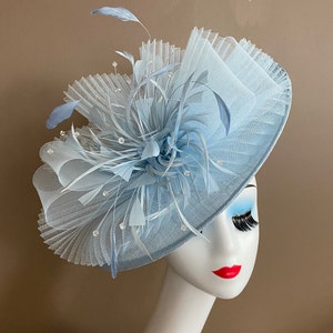 Powder Blue Sinamay Church Carriage Kentucky Derby Fascinator W Baby Blue Large Bow & Feather Flower. Mother Day Wedding Easter Tea Race Hat