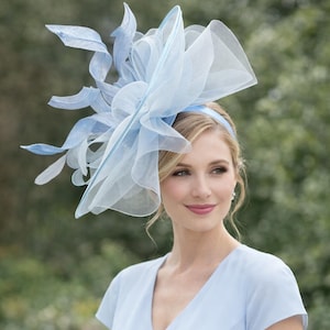 Powder Blue Kentucky Derby Fascinator(g8): Handmade Horsehair Bow with Sinamay Ribbon hat