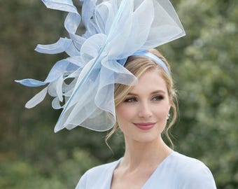 Powder Blue Kentucky Derby Fascinator(g8): Handmade Horsehair Bow with Sinamay Ribbon hat
