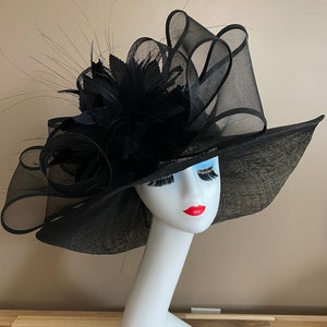 Black Wide Brim Church Carriage Kentucky Derby Hat W Large Black Netting/Sinamay Bow & Feather Flower Mother Day Easter Race Wedding Tea Hat image 2