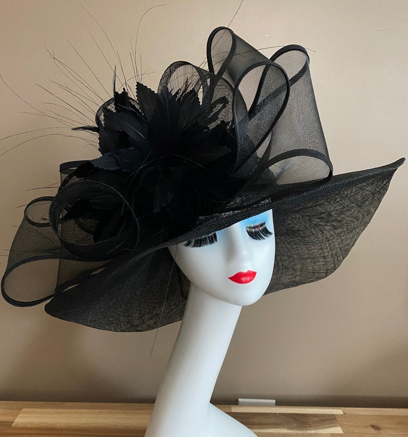 Black Wide Brim Church Carriage Kentucky Derby Hat W Large Black Netting/Sinamay Bow & Feather Flower Mother Day Easter Race Wedding Tea Hat image 2