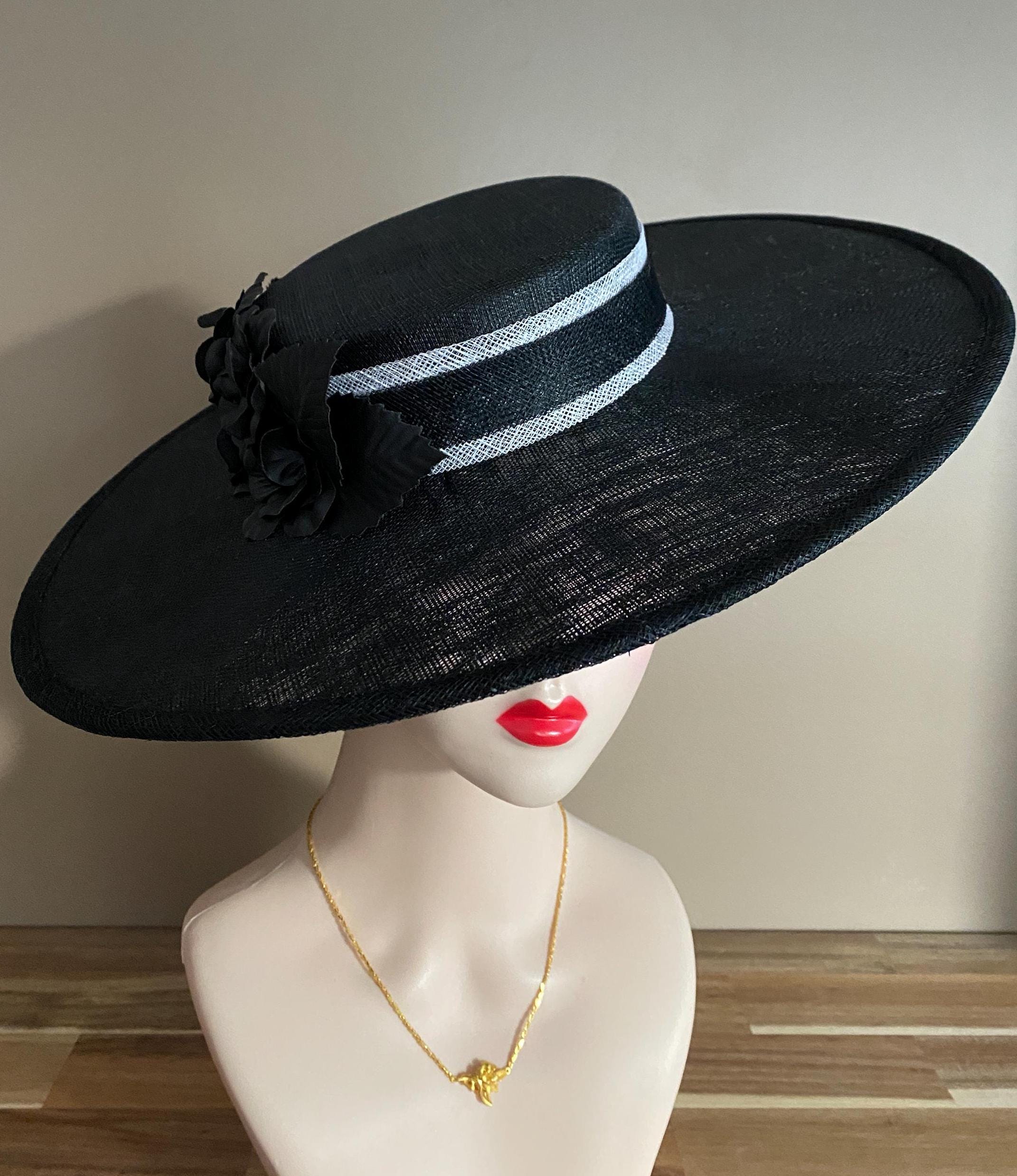 New Kentucky Derby Hat Elegant Black Sinamay Bow Royal Ascot KY Oaks Fascinator Black Derby Hat: Wide Brim Sinamay Feather Ascot Hat - Etsy main image 4