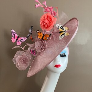 Pink Sinamay Derby Hat: Silk Flowers Ascot Fascinator