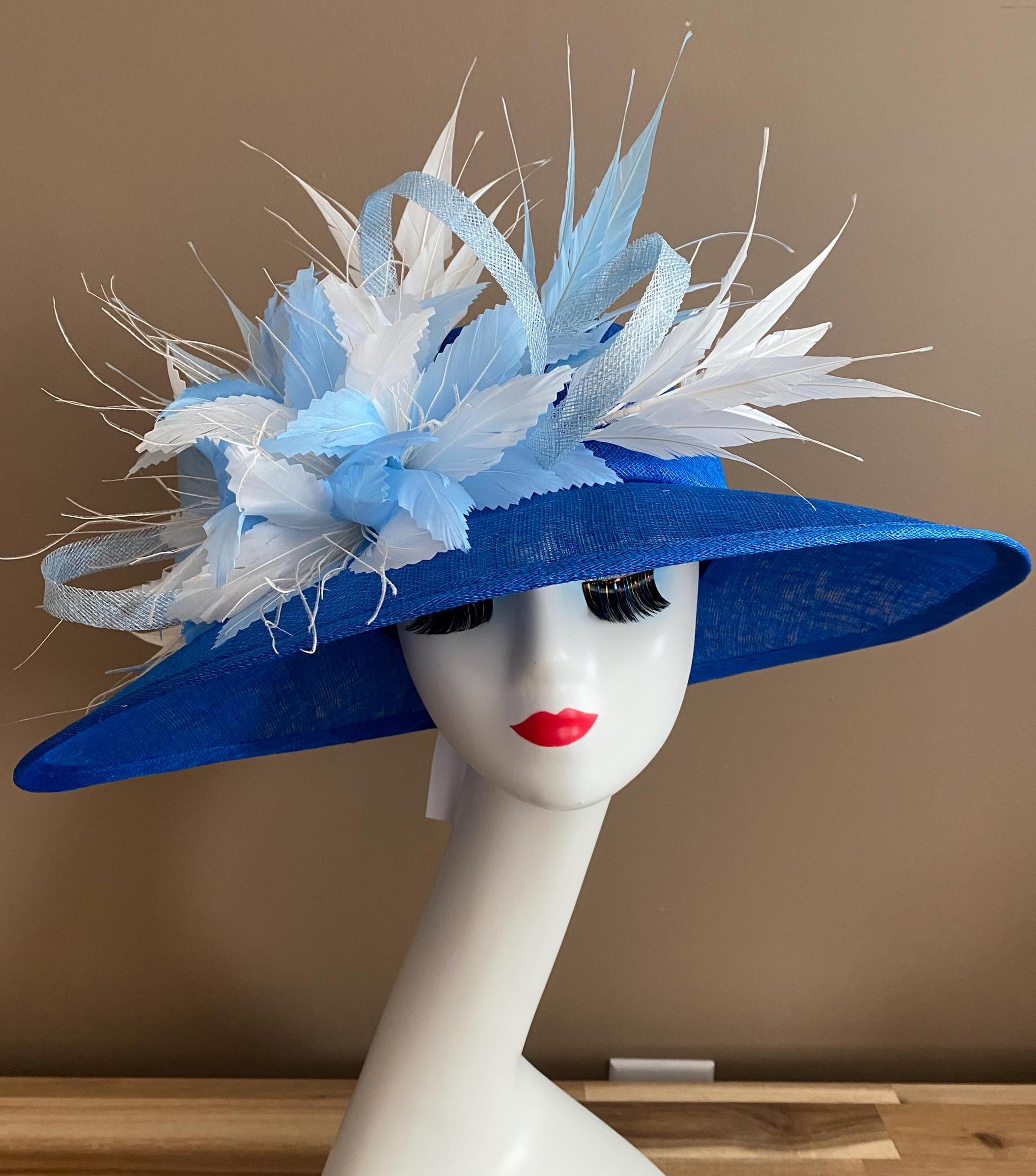 Studio B Blue Opening Day Derby Hat Rose Lace Feather Race Day Church Statement Wide Brim Kentucky Derby Hat, off White Orange Large Rose  main image 2