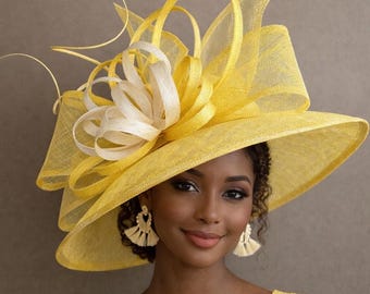 Fabulous Yellow Fascinator Feathers Beads Flower Tea Party Brunch Kentucky Derby s-l1200.jpg main image 4
