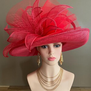 Red Large Wide Brim Sinamay Kentucky Derby Hat(G7): Netting Bow with Sinamay Flower image 11
