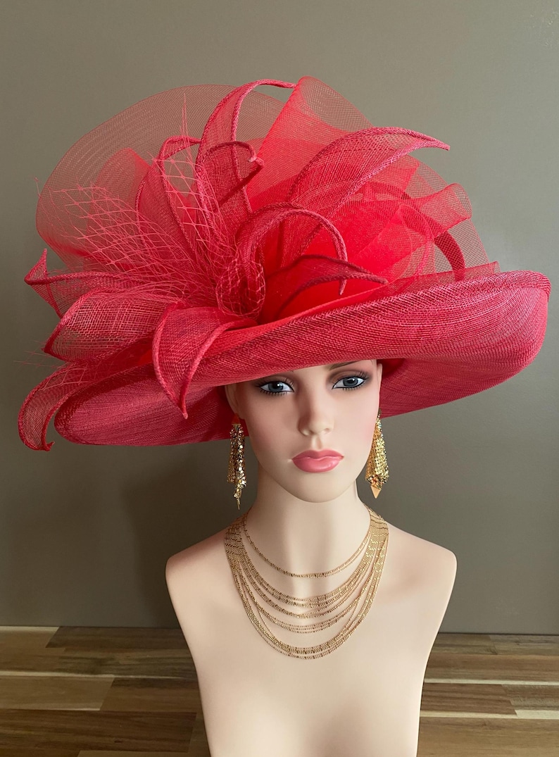 Red Large Wide Brim Sinamay Kentucky Derby Hat(G7): Netting Bow with Sinamay Flower image 11