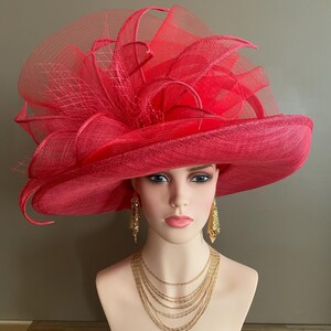 Red Large Wide Brim Sinamay Kentucky Derby Hat(G7): Netting Bow with Sinamay Flower image 6