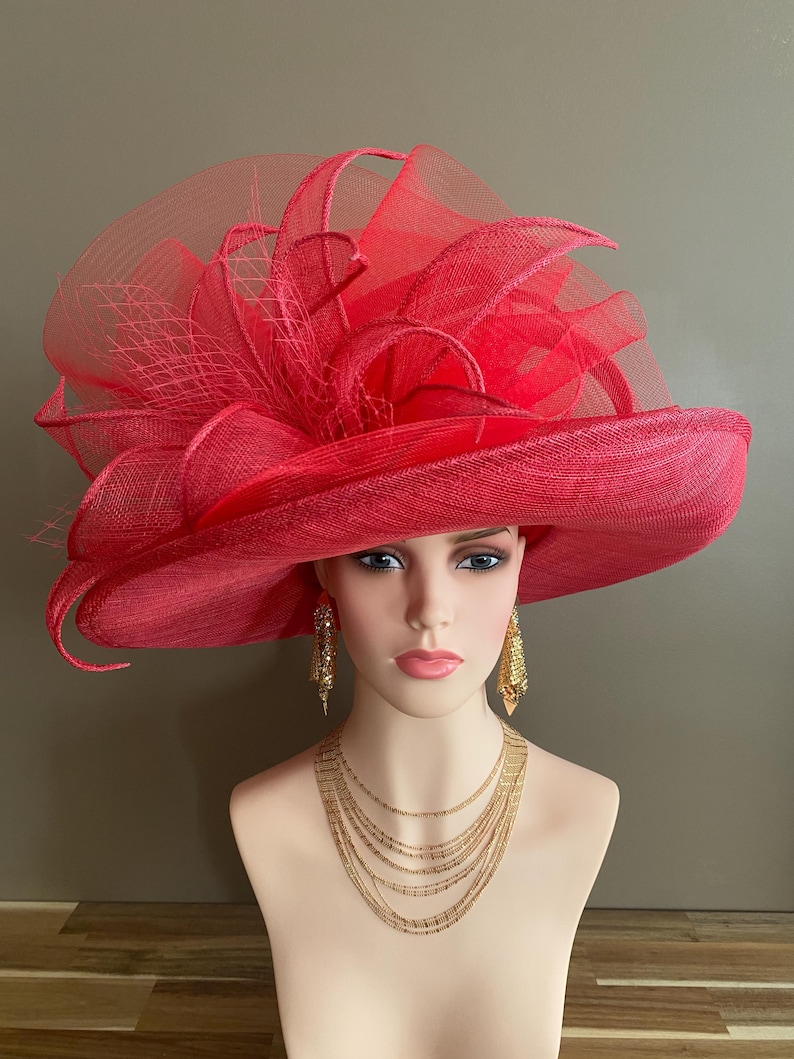Red Large Wide Brim Sinamay Kentucky Derby Hat(G7): Netting Bow with Sinamay Flower image 6